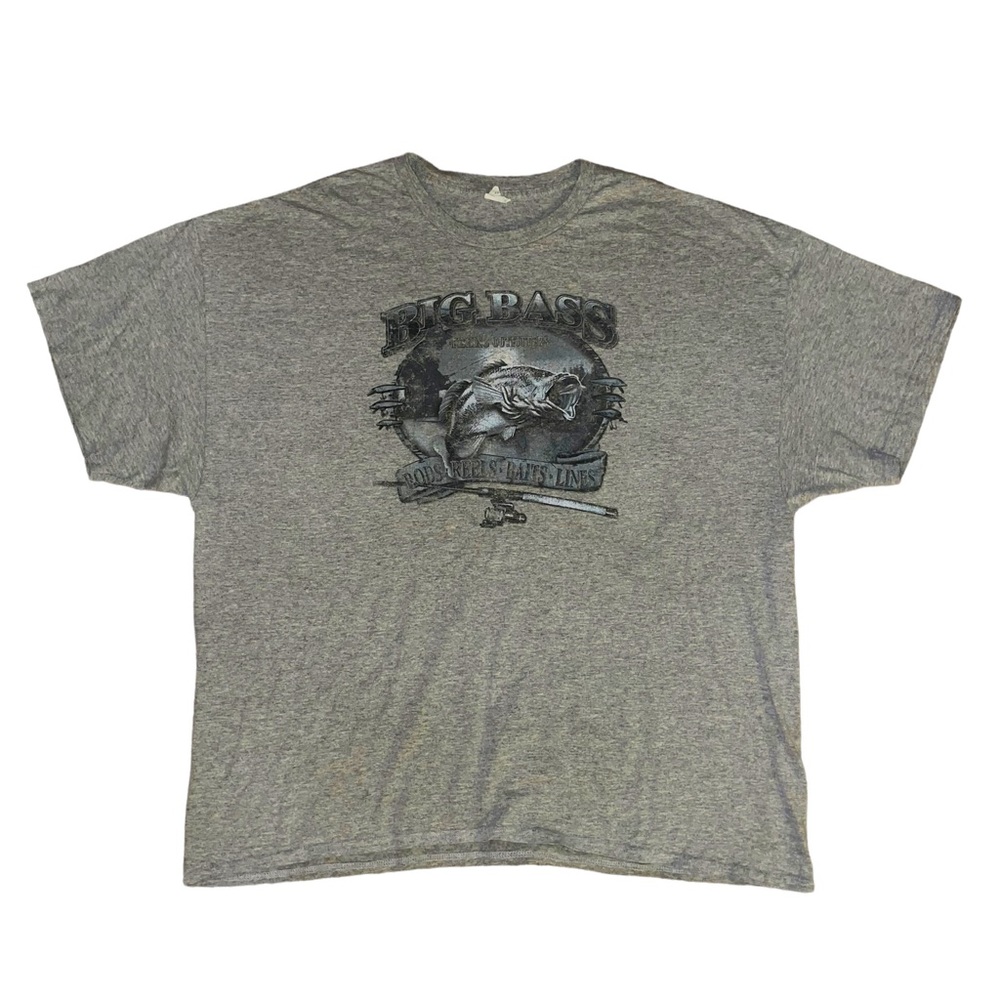 y2k gray big bass fishing outfitters graphic oversized crewneck shirt